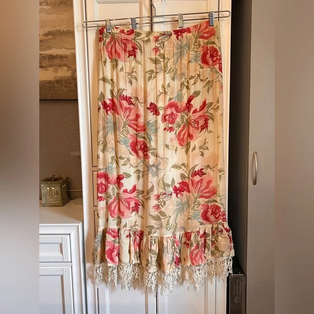 Vintage Angel Pie Floral Rose‎ Lace Trim Ruffle Maxi Skirt XLarge